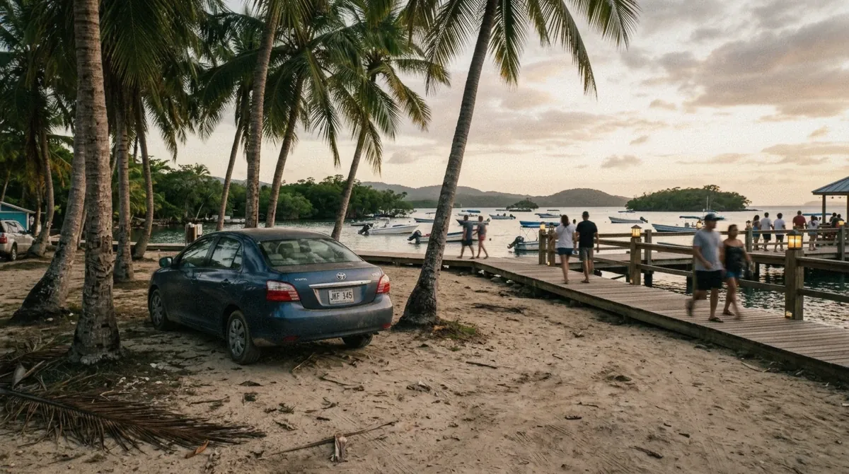 Small parking area near a waterfront boardwalk with palm trees in La Parguera, Puerto Rico