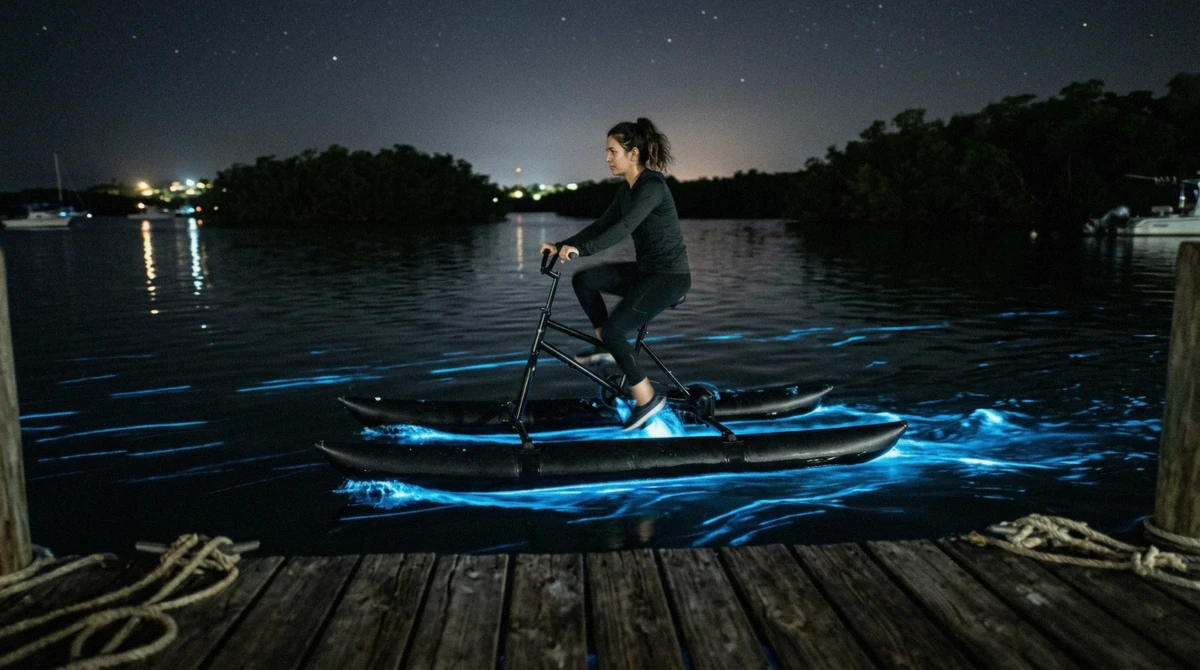Rider on a pedal water bike crossing dark water streaked with blue bioluminescent glow at night in La Parguera, Puerto Rico