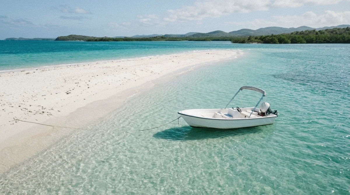 Small private boat anchored at an empty sandbar in clear shallow water in La Parguera, Puerto Rico